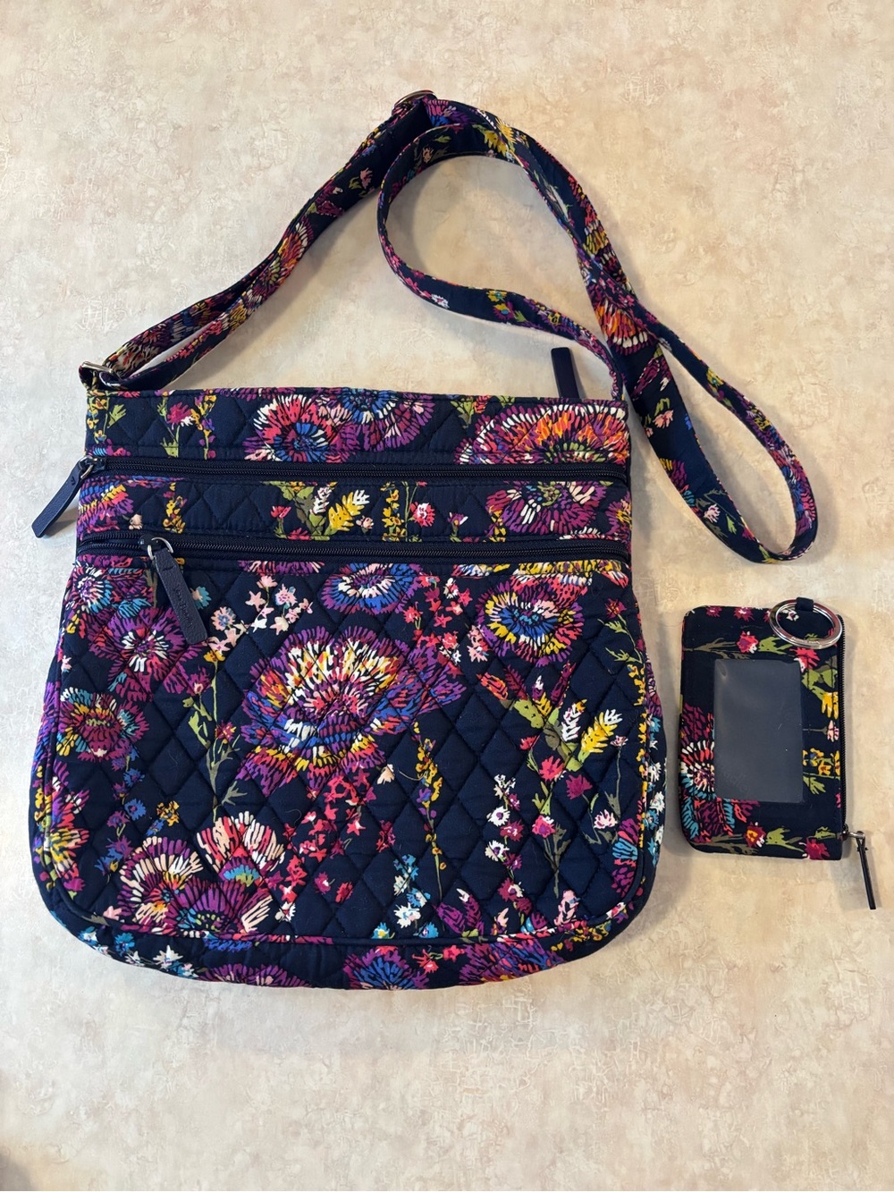 Vera Bradley Navy Quilted Floral Crossbody with matching ID case.